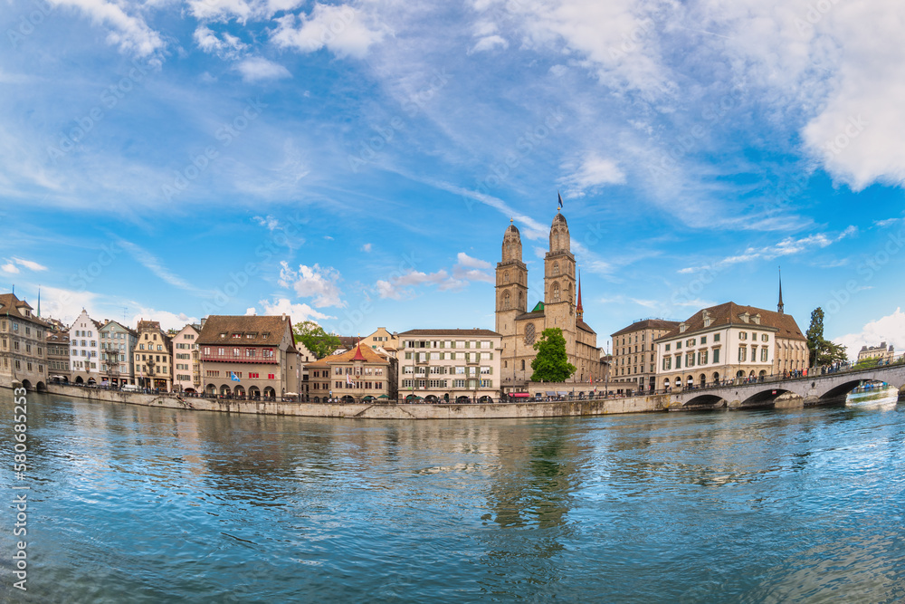 Zurich Switzerland, city skyline at Grossmunster Church and Munster Bridge