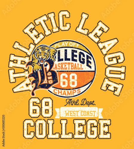 Tiger team college basketball athletic department champions vintage vector artwork for kids boy t shirt grunge effect in separate layer