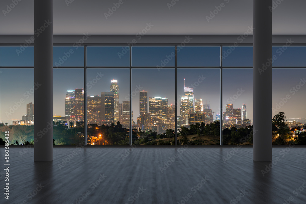 Downtown Los Angeles City Skyline Buildings from High Rise Window. Beautiful Expensive Real Estate overlooking. Epmty room Interior Skyscrapers View Cityscape. Night. 3d rendering. - obrazy, fototapety, plakaty 