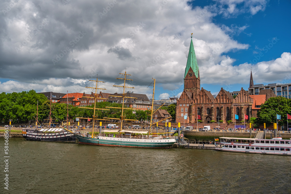 Bremen Germany, city skyline at Weser River with Martinianleger Pier