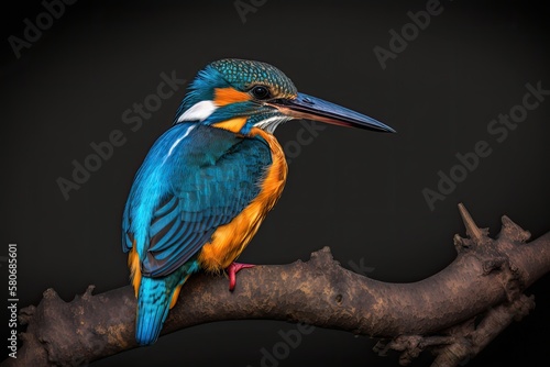 The common kingfisher, or Alcedo, is a small, colorful bird that sits on a branch at Bandhavgarh National Park Forest in Madhya Pradesh, India. Generative AI photo