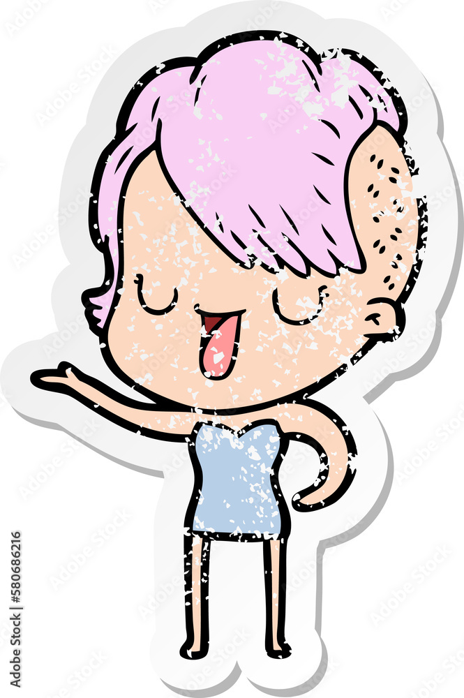 Obraz premium distressed sticker of a cute cartoon girl with hipster haircut