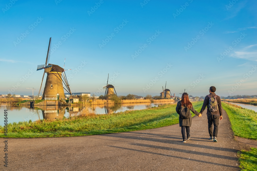Dutch Windmill landscape at Kinderdijk Village Netherlands