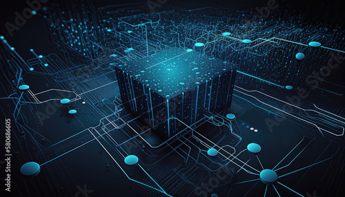 Abstract background with connecting dots and lines, dark shade of black or blue, futuristic data center or network hub. The overall effect is one of technology and innovation. Generative AI. photo