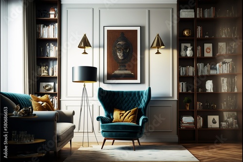 Stylish interior of living room with design leather armchair, wide and cross angle, carpet decor in home decor