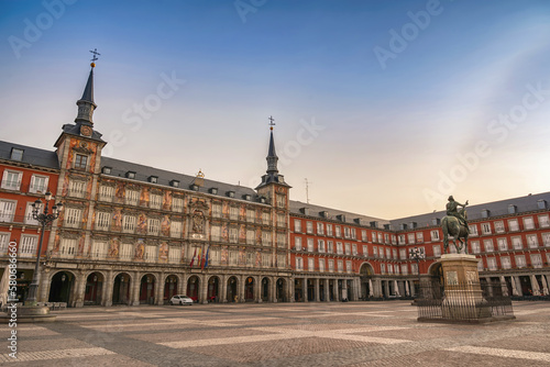 Madrid Spain, sunrise city skyline at Plaza Mayor