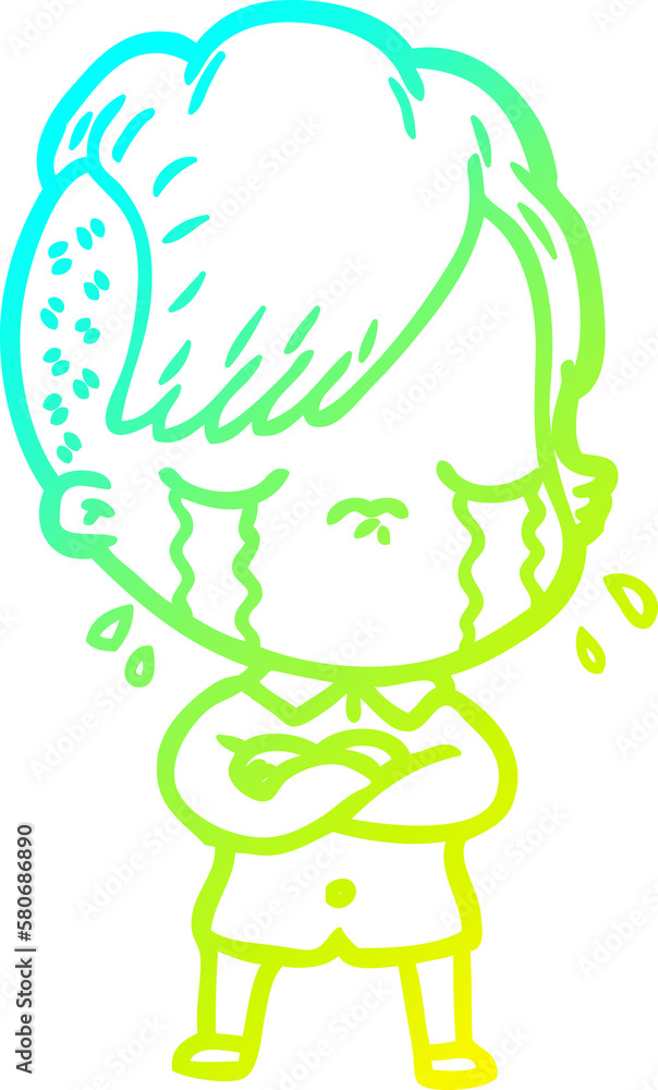 cold gradient line drawing cartoon crying girl with crossed arms