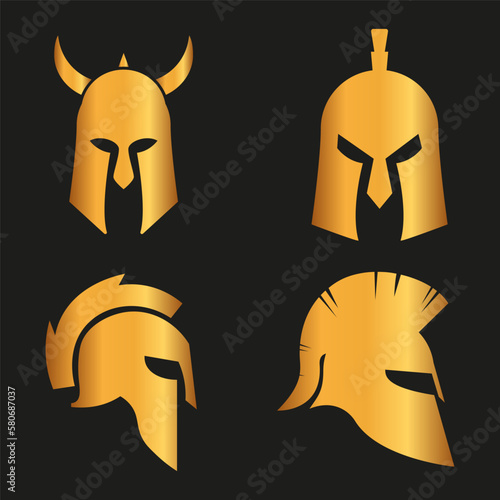 Spartan silhouettes helmet isolated from the background. Roman or Greek warrior helmet vector set.
