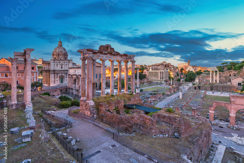 Canvas Print Rome Italy, night city skyline at Roman Forum and Rome Colosseum