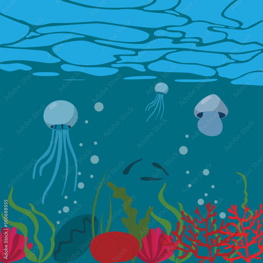 Underwater seascape in cartoon style. Sea bottom.
Underwater seascape in cartoon style. Sea bottom.