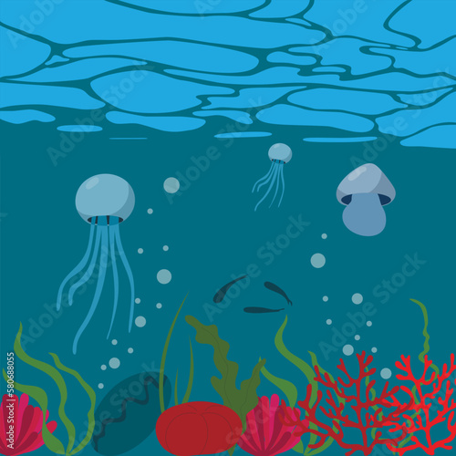 Underwater seascape in cartoon style. Sea bottom. 