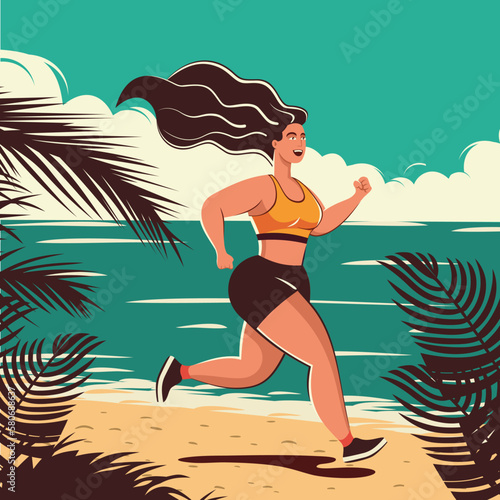 Girl runs along the beach. The concept of an active healthy lifestyle. An obese woman jogs to lose weight. The concept of weight loss.