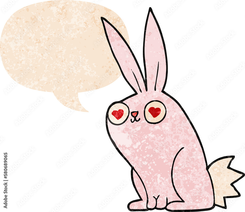 cartoon bunny rabbit in love and speech bubble in retro textured style cartoon bunny rabbit in love and speech bubble in retro textured style