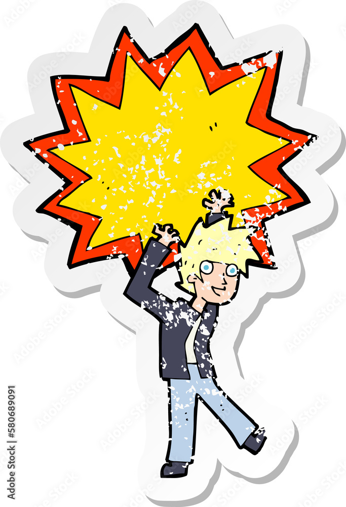 retro distressed sticker of a cartoon man having awesome idea retro distressed sticker of a cartoon man having awesome idea