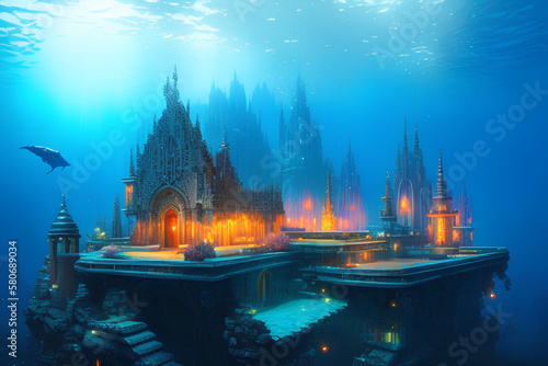 Foto A Gothic church with courtyards and basement floors is beautifully lighted up in an underwater city giving a serene atmosphere