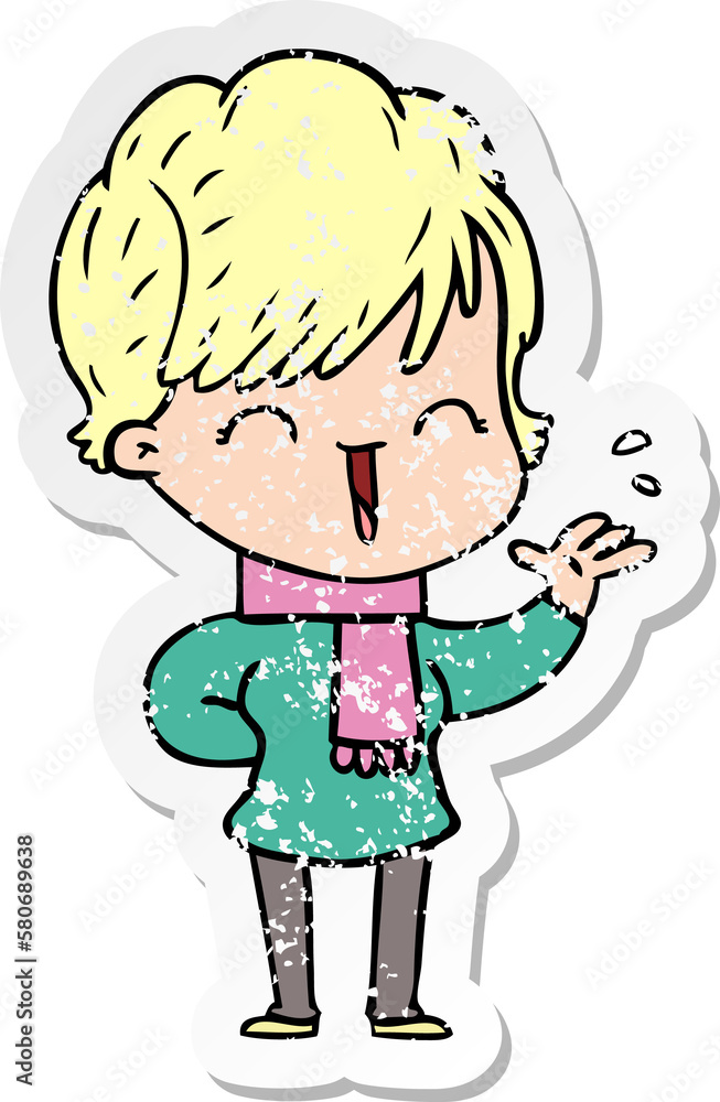 distressed sticker of a cartoon laughing woman distressed sticker of a cartoon laughing woman