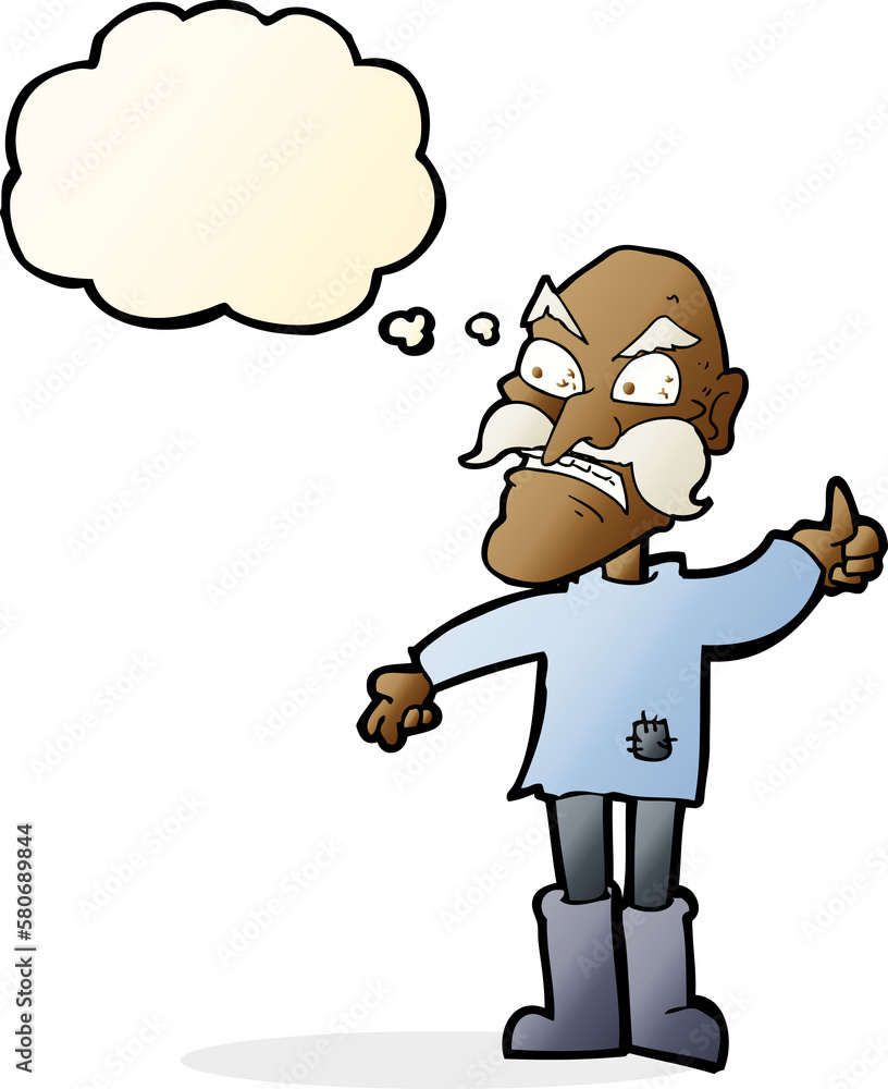 cartoon angry old man in patched clothing with thought bubble cartoon angry old man in patched clothing with thought bubble