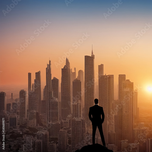 silhouette of businessman on skyscrapers background. Success and achievement concept. Generative AI