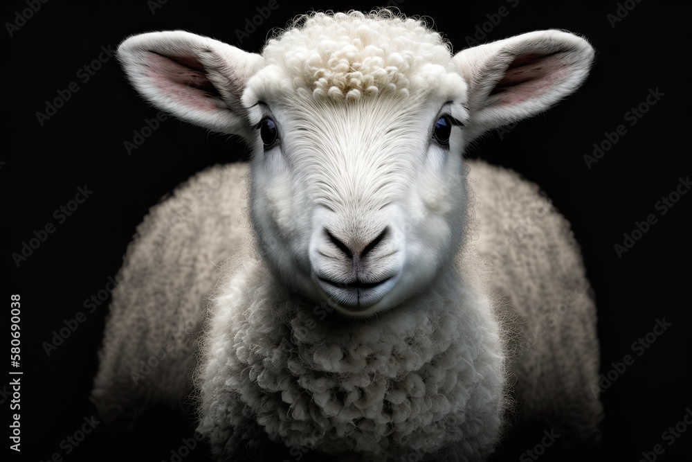 Obraz premium Face Of White Baby Sheep On A Black Background. Generative AI