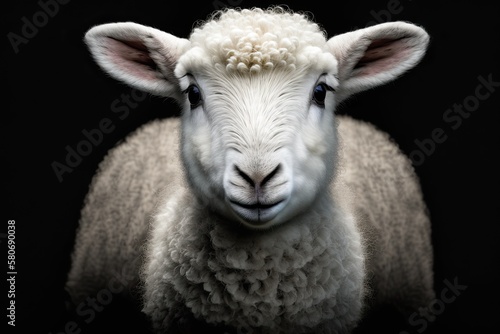 Face Of White Baby Sheep On A Black Background. Generative AI
