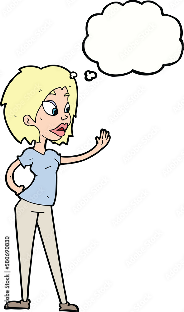 cartoon woman waving with thought bubble cartoon woman waving with thought bubble