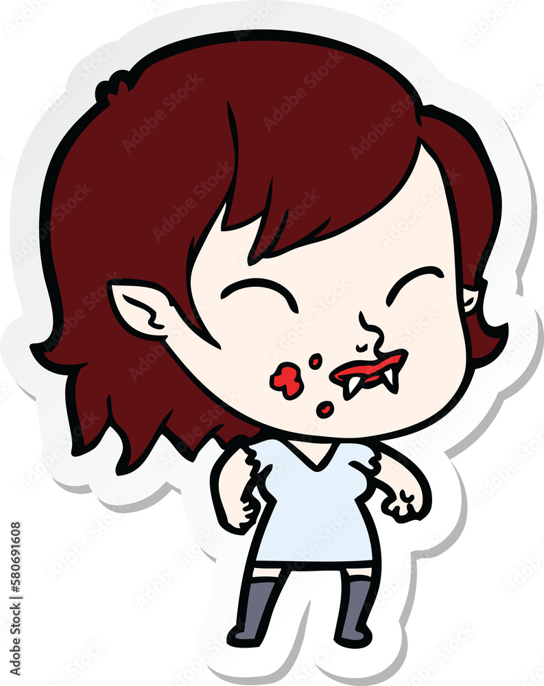 sticker of a cartoon vampire girl with blood on cheek sticker of a cartoon vampire girl with blood on cheek