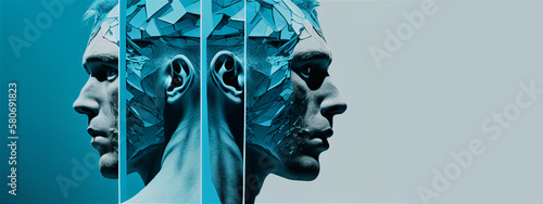 Mental health care banner, man face double side schizophrenia concept, psychoanalysis and psychotherapy, blue background copy space. Generative AI, generative, ai photo
