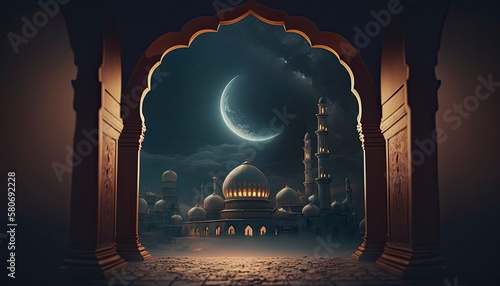 A digital painting of a mosque with the moon in the background. Generative AI