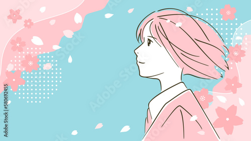 祝入学、桜が舞う卒業式、桜を見つめる女子高生のベクターイラスト素材
