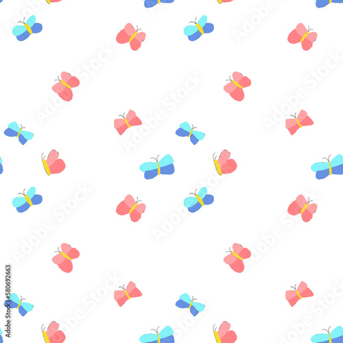 Butterflies blue and red seamless pattern.