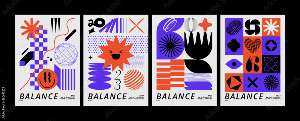 vector set posters or prints with geometric shapes. brutalist design, futuristic composition