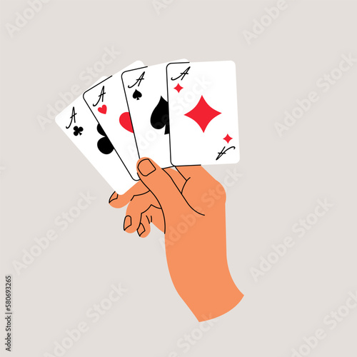 Vector illustration hand holding playing cards. Doodle concept for casino,