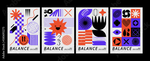 vector set posters or prints with geometric shapes. brutalist design, futuristic composition