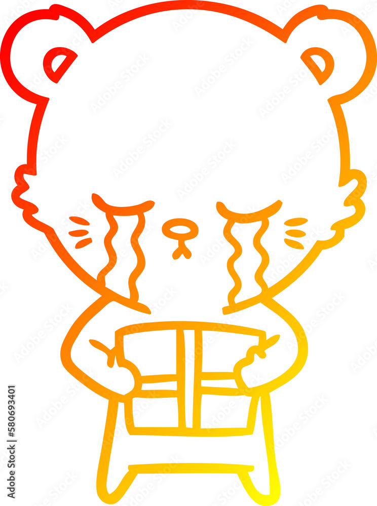 warm gradient line drawing crying cartoon bear with present warm gradient line drawing crying cartoon bear with present
