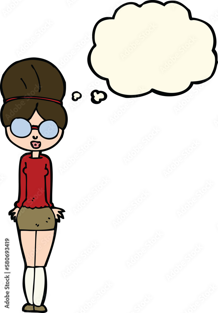 cartoon librarian woman with thought bubble