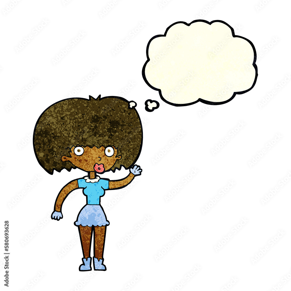 cartoon woman waving with thought bubble cartoon woman waving with thought bubble