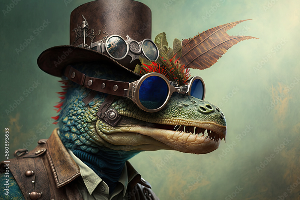 dinosaur wearing steampunk glasses generative AI Stock Illustration Adobe Stock