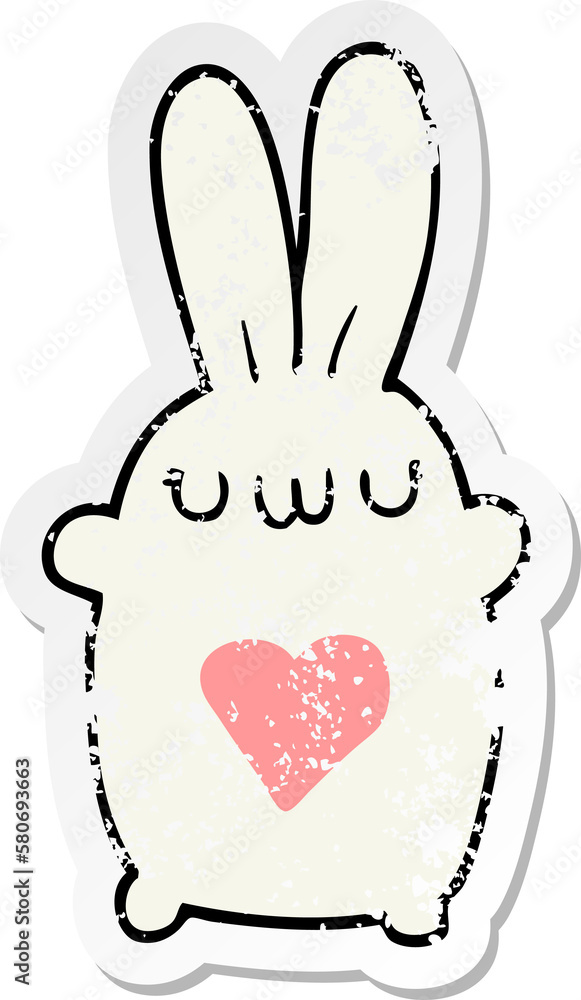 distressed sticker of a cute cartoon rabbit with love heart distressed sticker of a cute cartoon rabbit with love heart