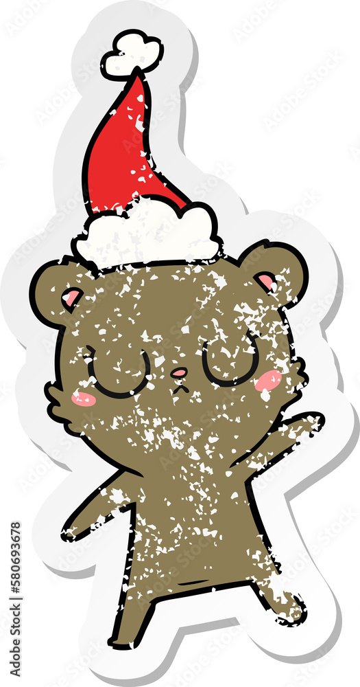 peaceful distressed sticker cartoon of a bear wearing santa hat peaceful distressed sticker cartoon of a bear wearing santa hat