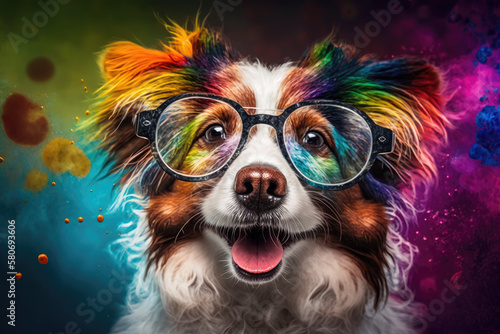 cheerful dog wearing clear glasses with colorful background, generative AI