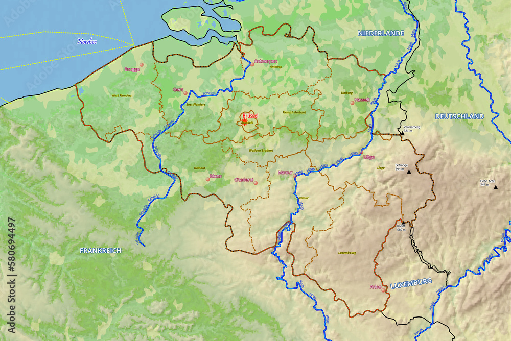 Geographische physische Karte von Belgien