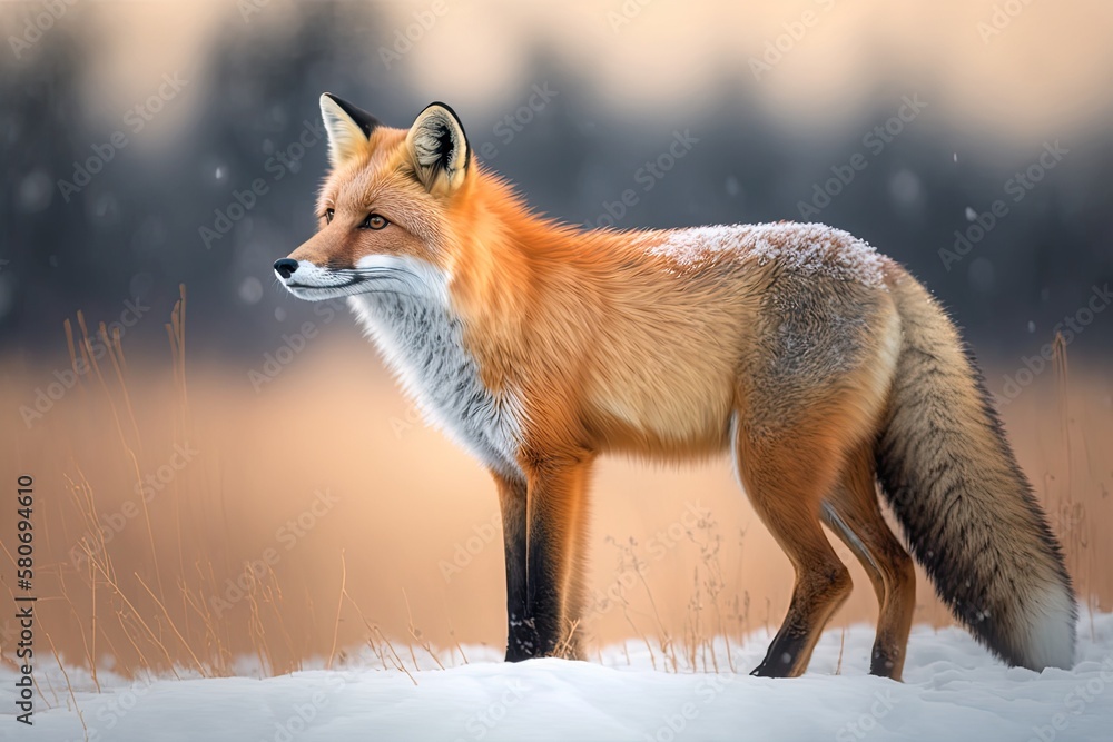 Obraz premium Fox on a snowy forest meadow in the winter. Vulpes vulpes, a red fox, is on the hunt. This is a scene of European wildlife. Animal in the wild with an orange fur coat. Generative AI