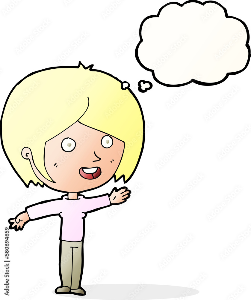 cartoon happy girl waving with thought bubble cartoon happy girl waving with thought bubble