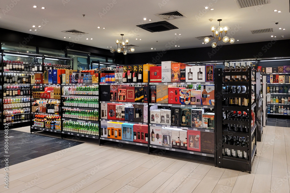 KUALA LUMPUR, MALAYSIA 12 MARCH 2023 An assortment of imported wine and hard liquor bottles