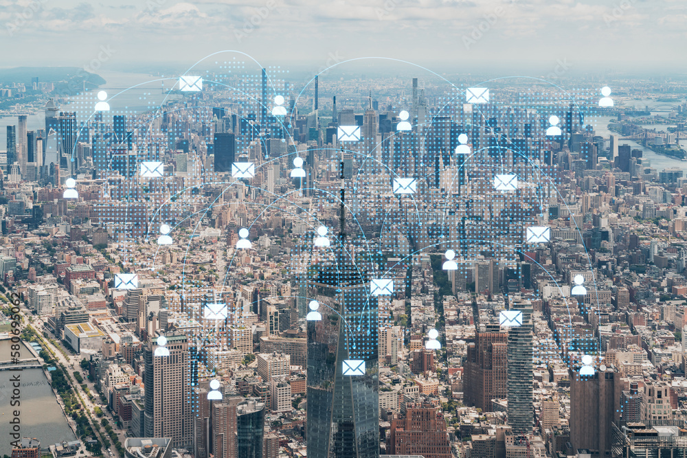 Aerial panoramic helicopter city view of Upper Manhattan, Midtown and Downtown, New York, USA. Social media hologram. Concept of networking and establishing new people connections