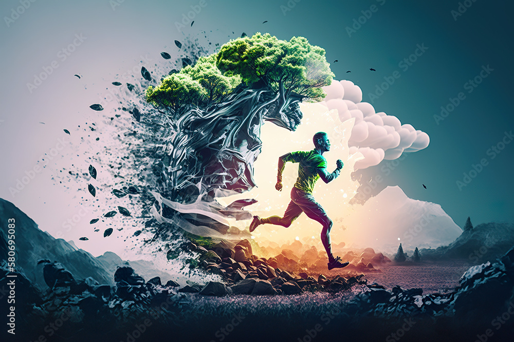 Running outdoors, in nature in the fresh air. Nature gives you extra strength. AI generated illustration.