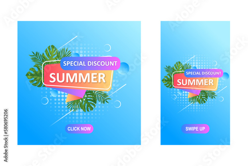 summer sale poster banner promotion with gradient colors and tropical floral for advertisement and marketing
