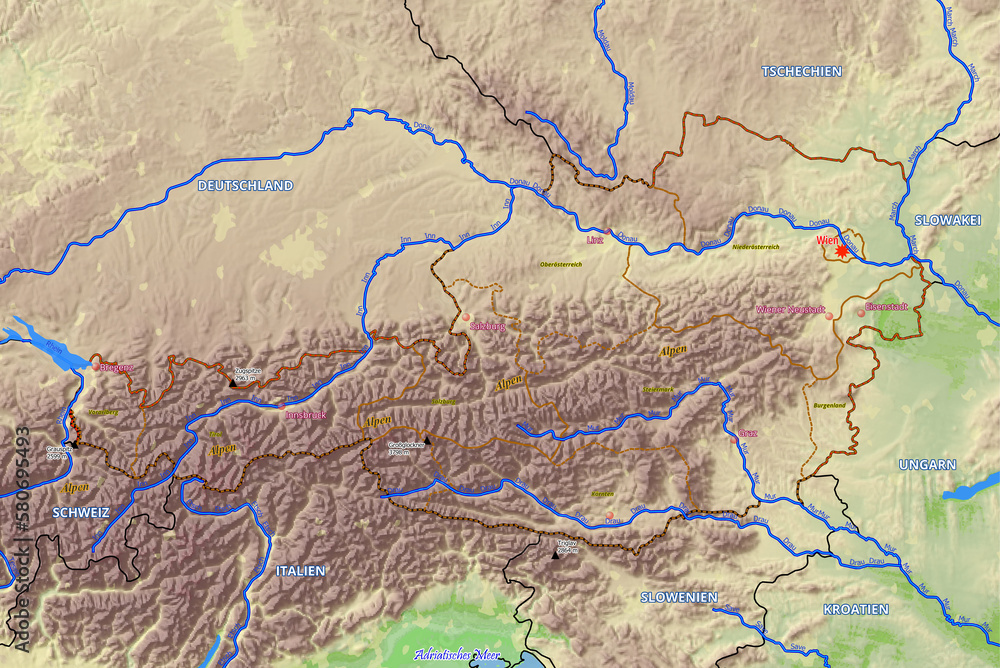 Naklejka premium Geographische physische Karte von Österreich