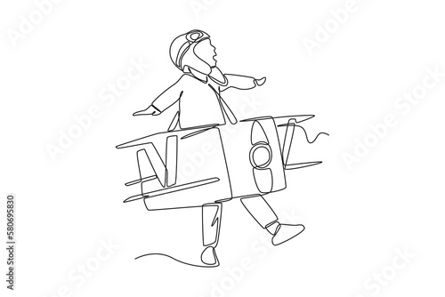 Continuous one line drawing Happy boy playing cardboard airplane. Happy Children's Day concept. Single line draw design vector graphic illustration.