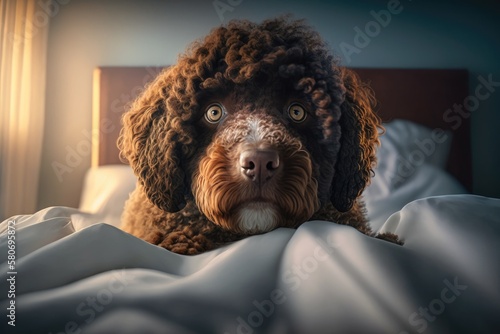 A brown Spanish Water Dog with a beautiful face and big brown eyes was playing on the bed at home. Indoor portrait. Generative AI